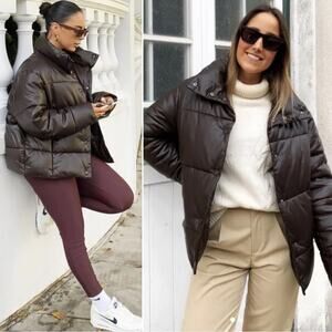 Zara Blogger Chocolate Brown Faux Leather Puffer Jacket.